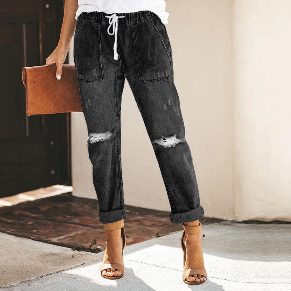Women's Straight-Leg Jeans - Drawstring Waist & Patch Pockets