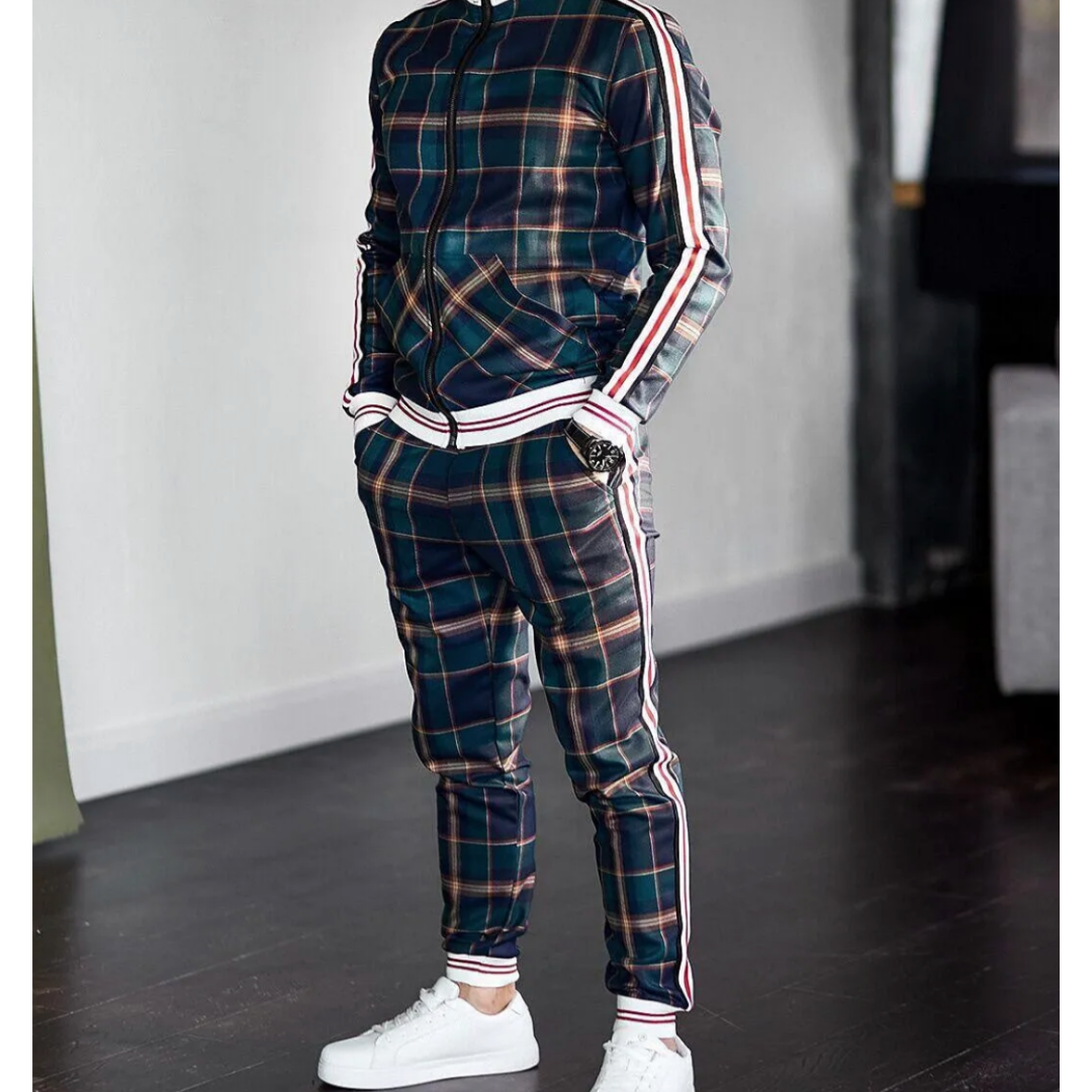 Men's Tracksuit Set - Plaid Pattern with Stripe Detail