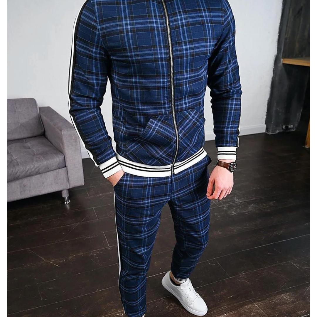 Men's Tracksuit Set - Plaid Pattern with Stripe Detail