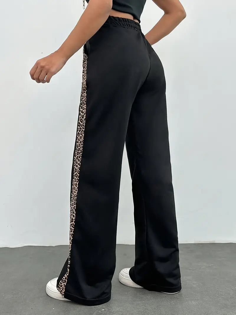 Women's Black Leopard Print Joggers - Side Slit Elegant Versatile