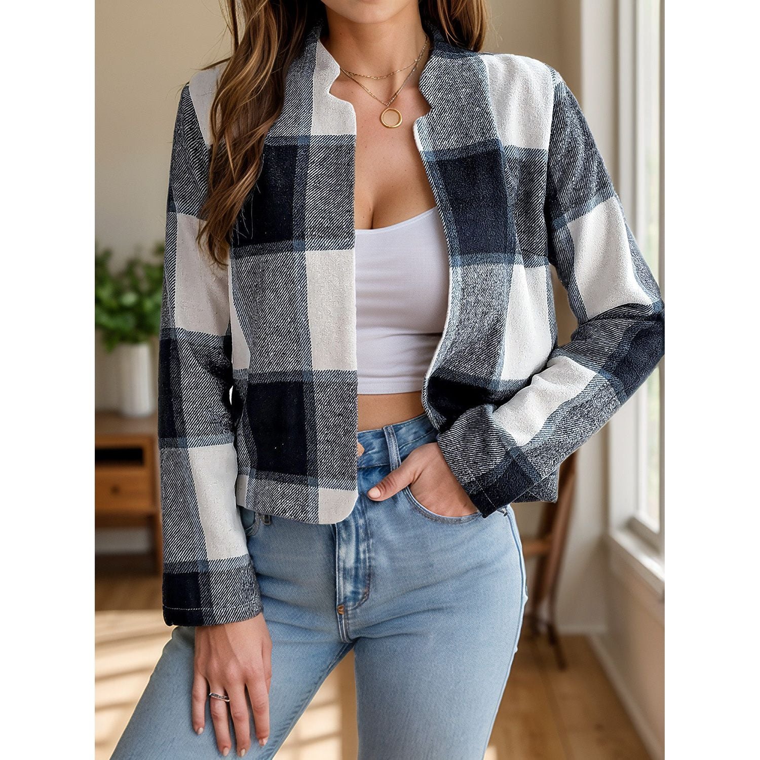 Daphne - Elegant Plaid Open Front Jacket for Women