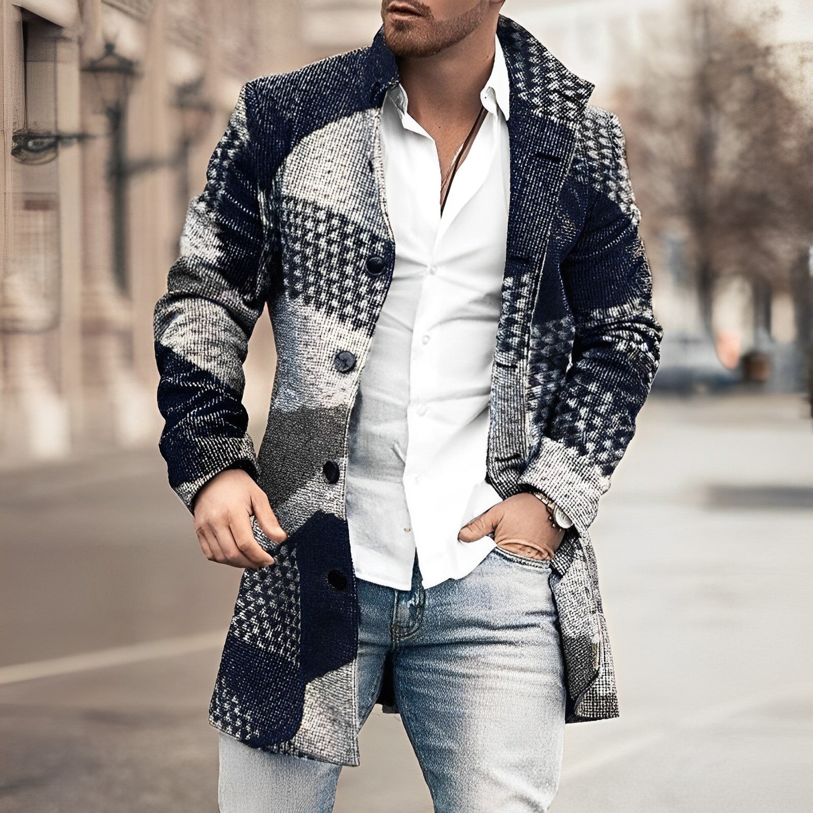 Men's Plaid Overcoat - Button Front with Side Pockets