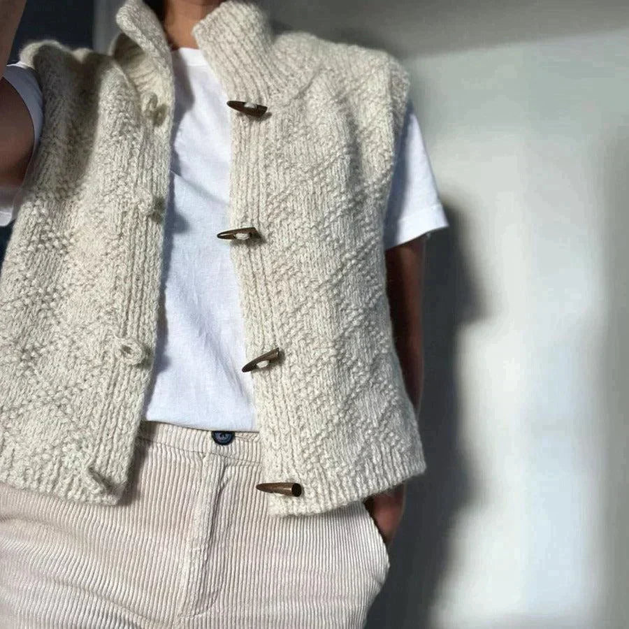 Women's Beige Gilet - Stand Collar with Toggle Fastening