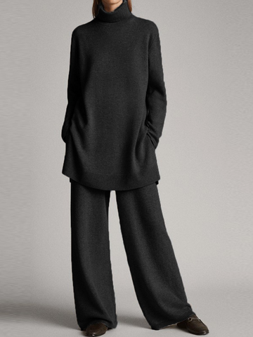Women's Loungewear Set - Roll Neck Jumper with Wide Leg Trousers