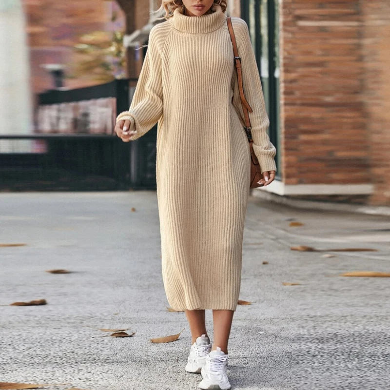 Women's Knitted Jumper Dress - Roll neck with Midi Length