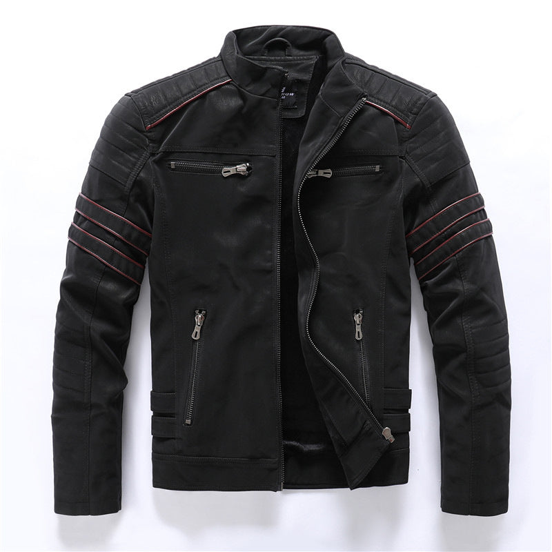 Men's Biker Jacket - Stand Collar with Red Stripe Detail