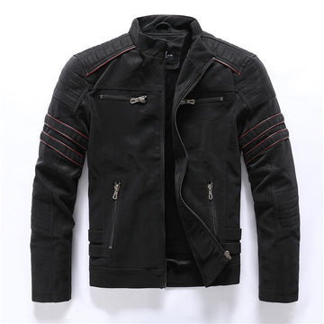 Men's Biker Jacket - Stand Collar with Red Stripe Detail