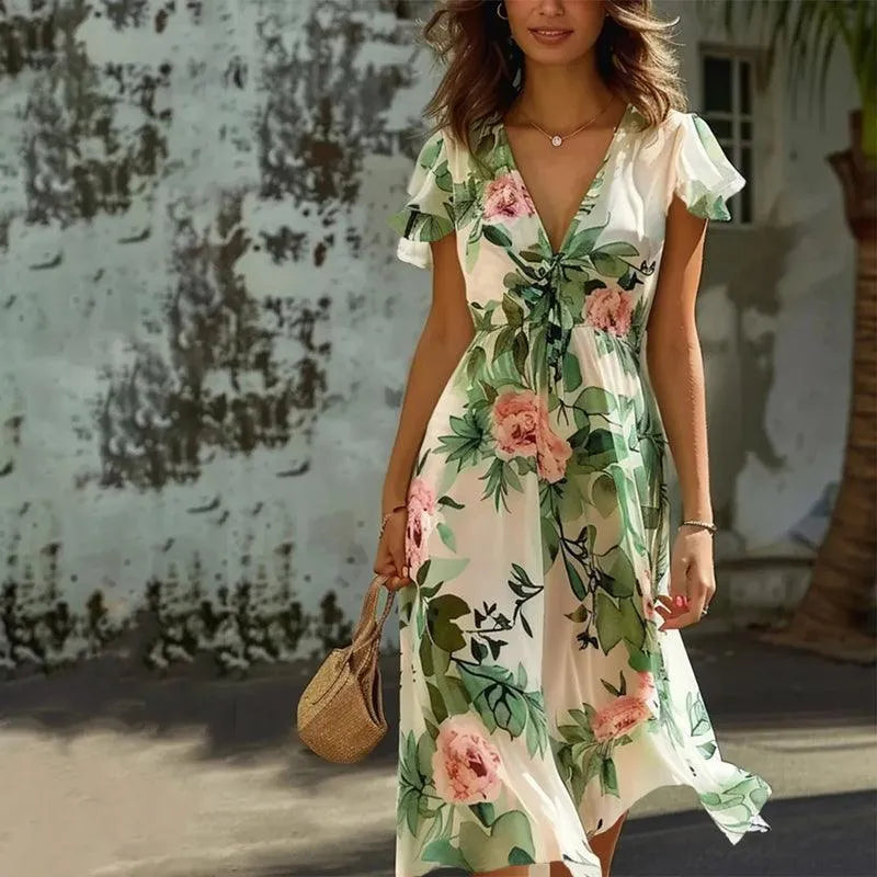 Elegant Green Floral Midi Dress for Women