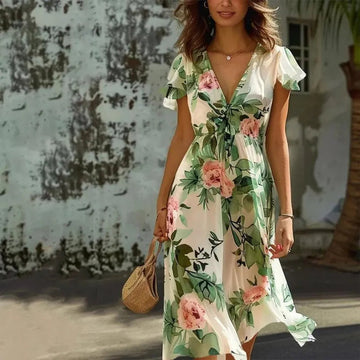 Elegant Green Floral Midi Dress for Women