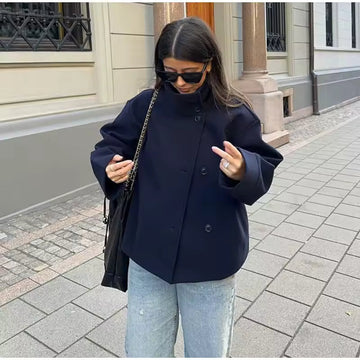 Women's Short Jacket - High Neck with Asymmetric Button Front