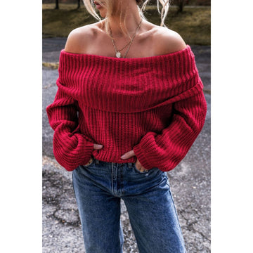 Sharia - Deep Red Sleek Off-Shoulder Sweater for Women