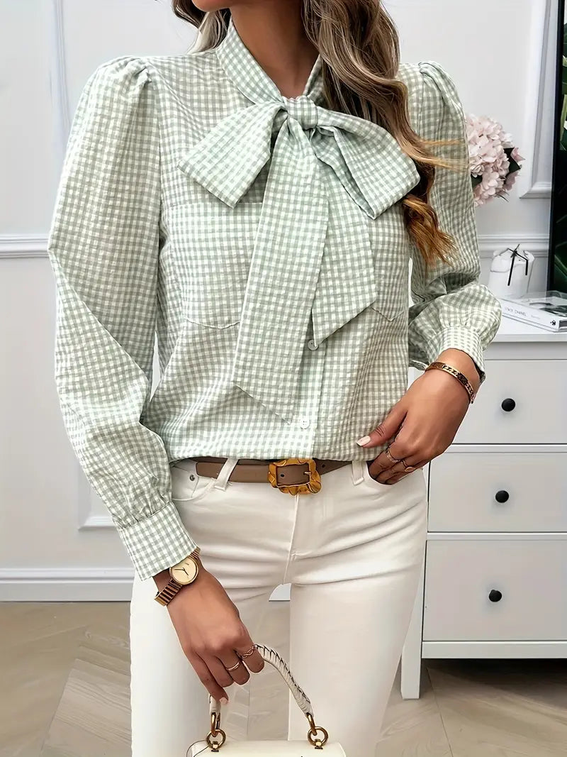Clarisse - Elegant Checked Blouse with Bow Tie for Women