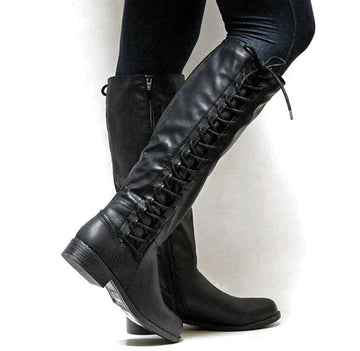 Women's Knee-High Boots - Side Lace-Up with Inner Zip and Low Heel