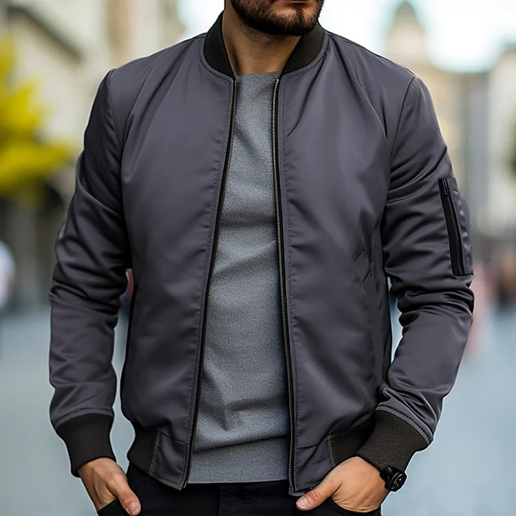 Men's Bomber Jacket - Ribbed Trim and Zippered Sleeve Pocket