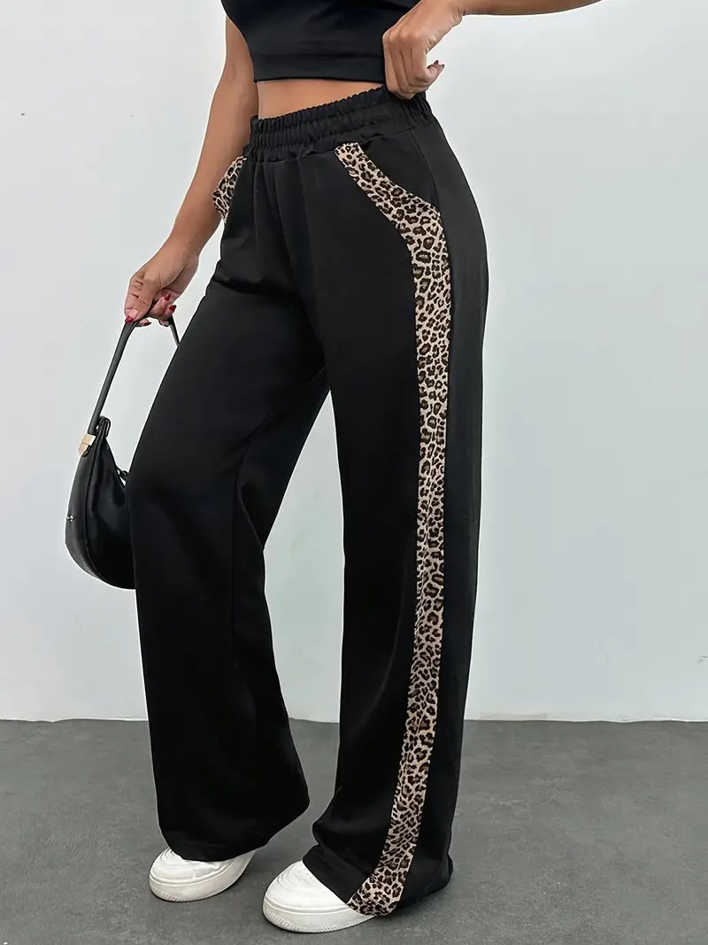 Women's Black Leopard Print Joggers - Side Slit Elegant Versatile