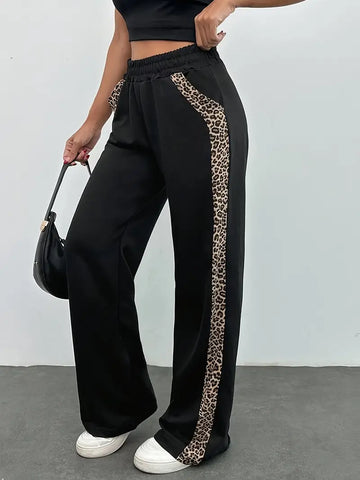 Women's Black Leopard Print Joggers - Side Slit Elegant Versatile