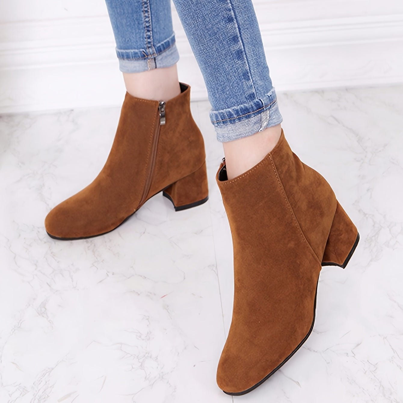 Women's Ankle Boots - Side Zipper and Block Heel