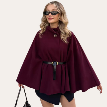 Women's Belted Cape - High Neck and Single Button Closure