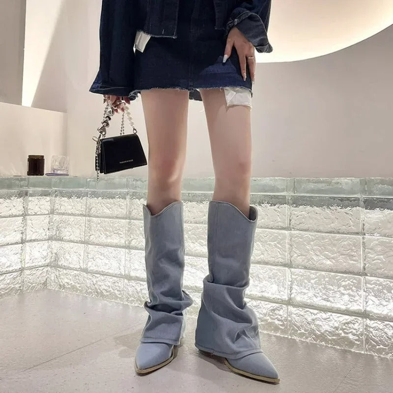 Women's Blue Knee-High Denim Cowboy Boots - Western Stitching & Block Heel