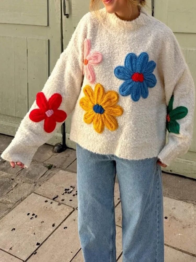 Women's White Oversized Jumper - Chunky Knit with 3D Floral Appliqués