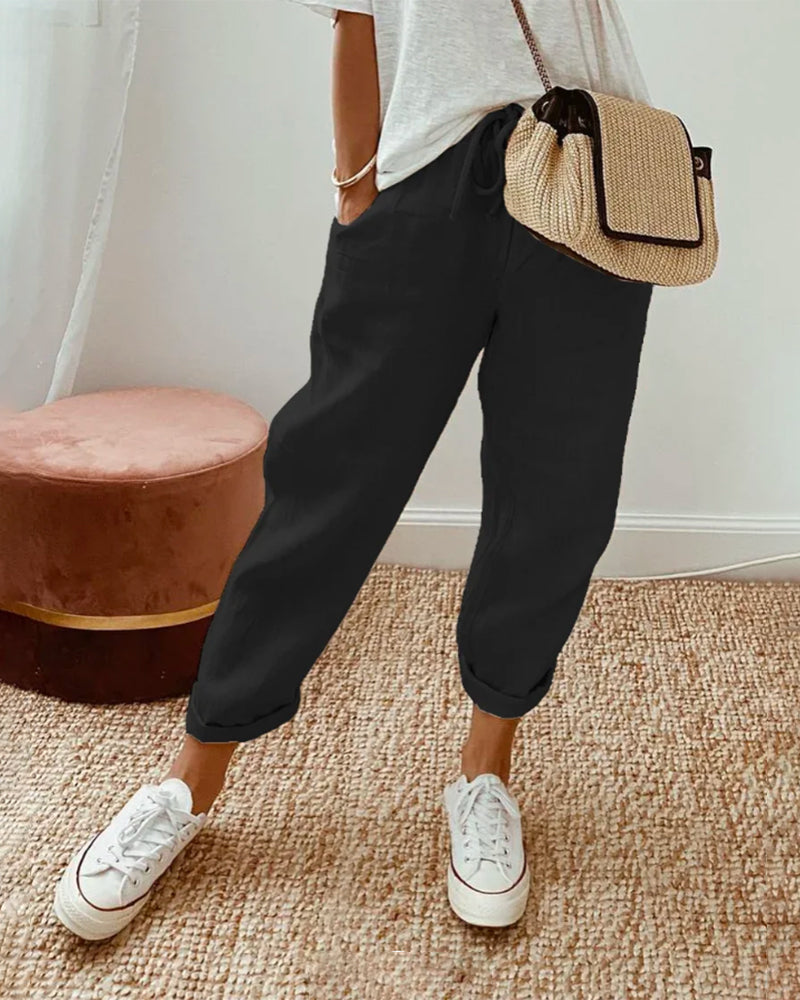 Women's Plain Drawstring Joggers - Relaxed Fit Elasticated Cuffs