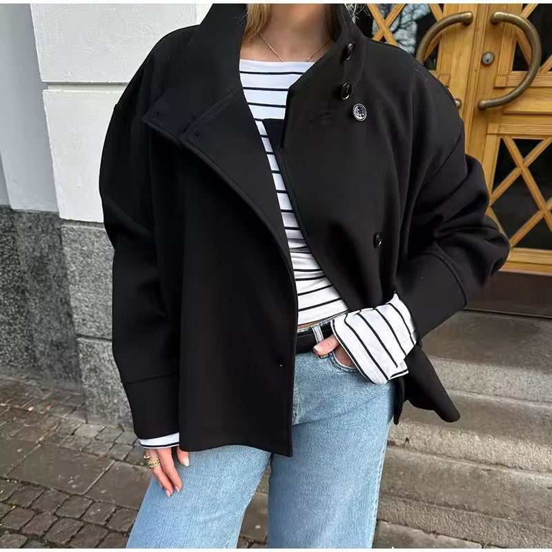 Women's Short Jacket - High Neck with Asymmetric Button Front