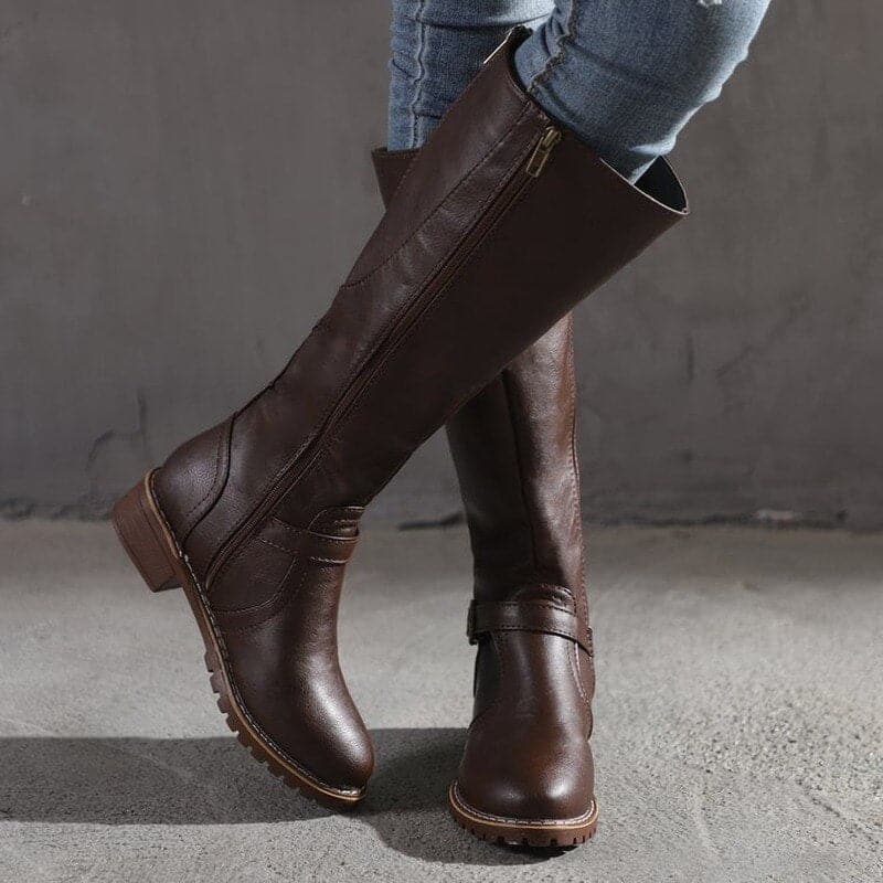 Women's Knee-High Boots - Side Zip and Low Block Heel