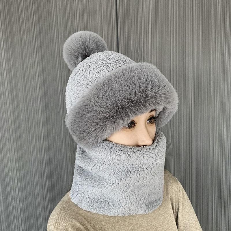 Women's Winter Beanie - Pom-Pom Balaclava with Scarf