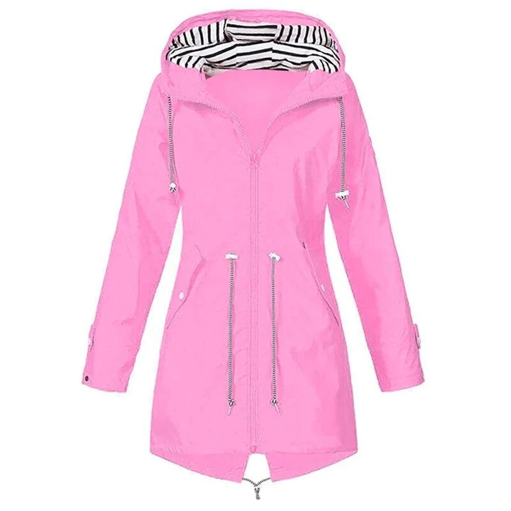 Women's Waterproof Long Jacket - Windproof & Adjustable Waist