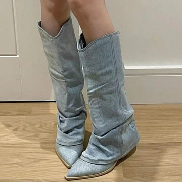 Women's Blue Knee-High Denim Cowboy Boots - Western Stitching & Block Heel