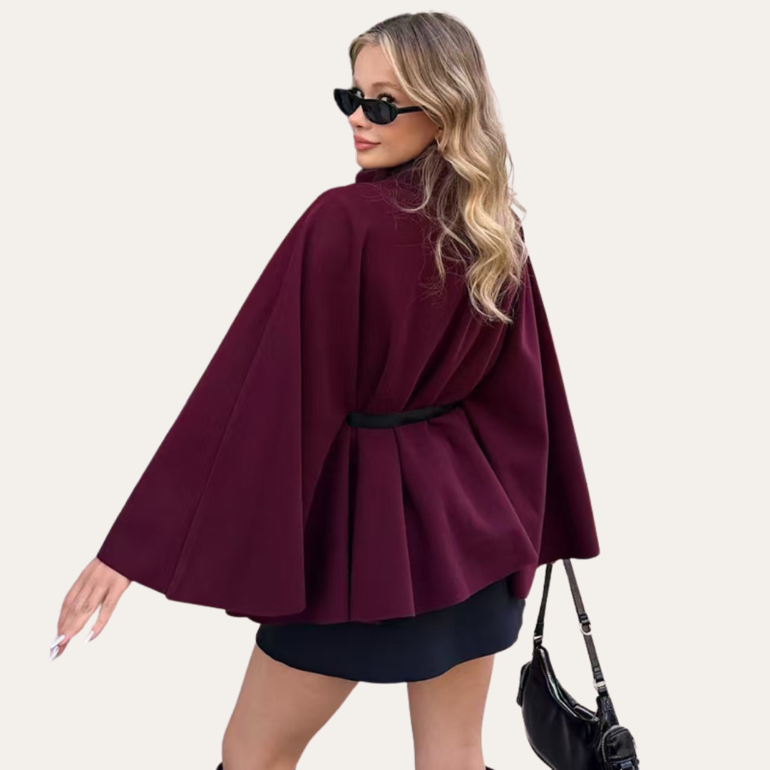 Women's Belted Cape - High Neck and Single Button Closure