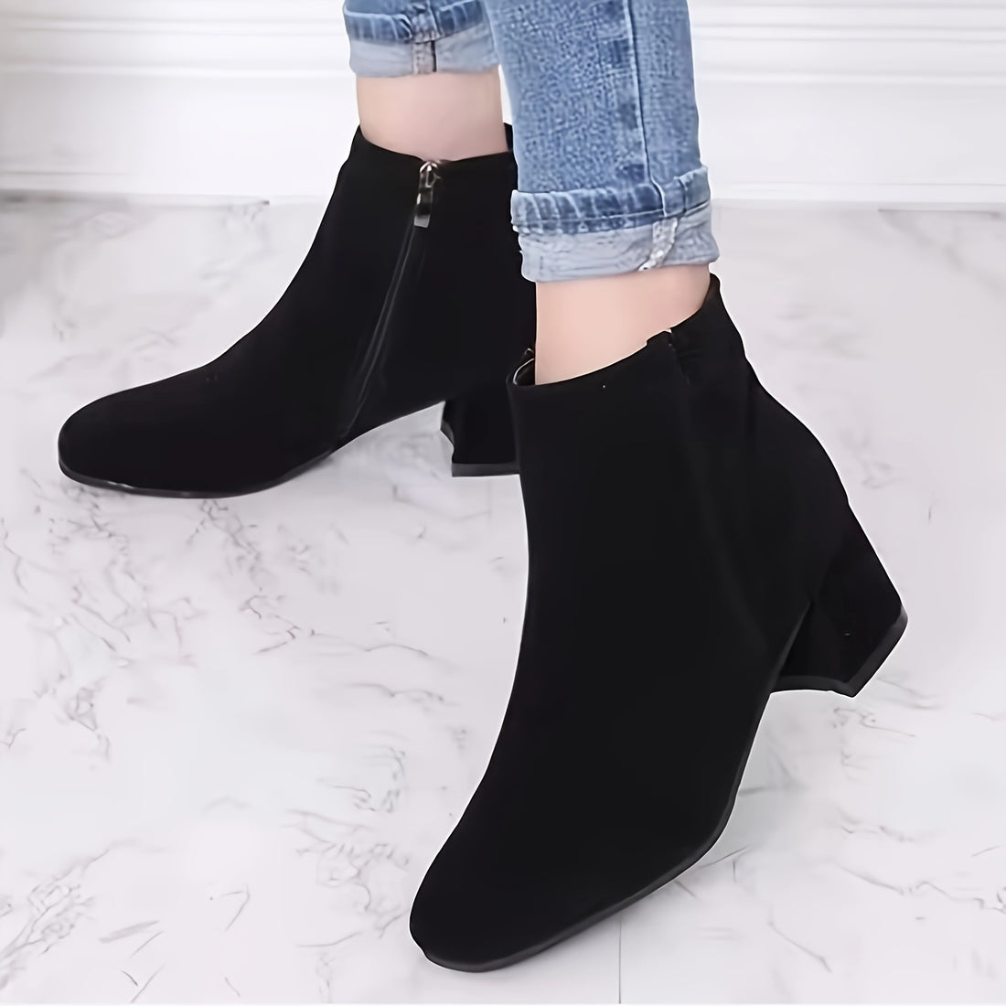 Women's Ankle Boots - Side Zipper and Block Heel