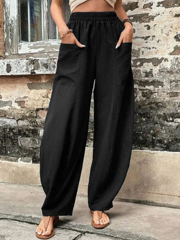 Women's Wide-Leg Trousers - Relaxed Fit Breathable Elastic Waist