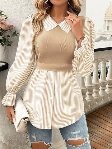 Lila - Striped Color Block Blouse with Button Front for Women