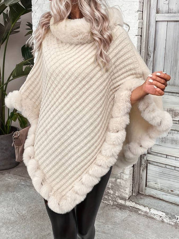 Women's Beige Poncho - Diamond Pattern with Fuzzy Trim Hem