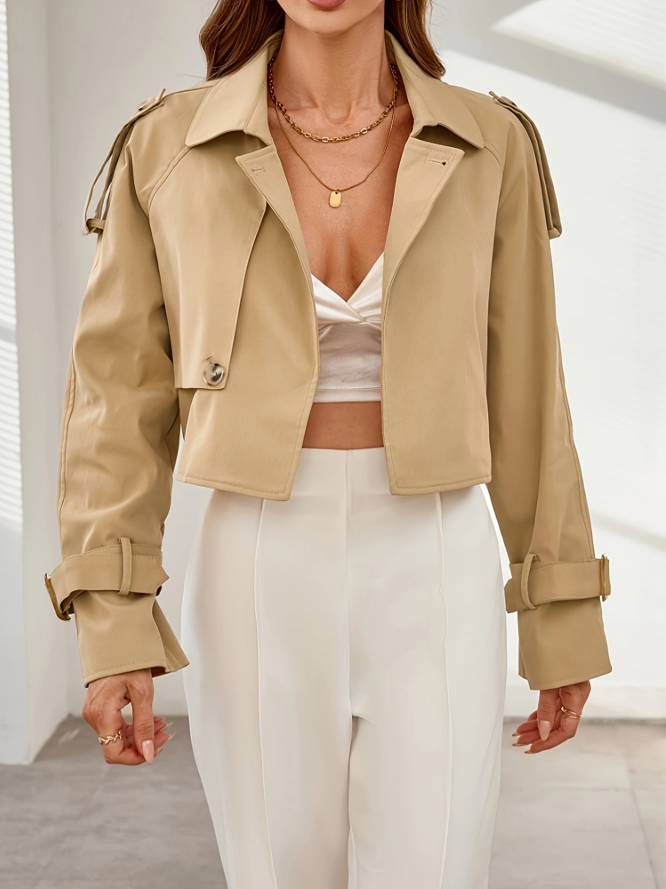 Women's Stylish Khaki Crop Trench Coat - Comfortable & Elegant