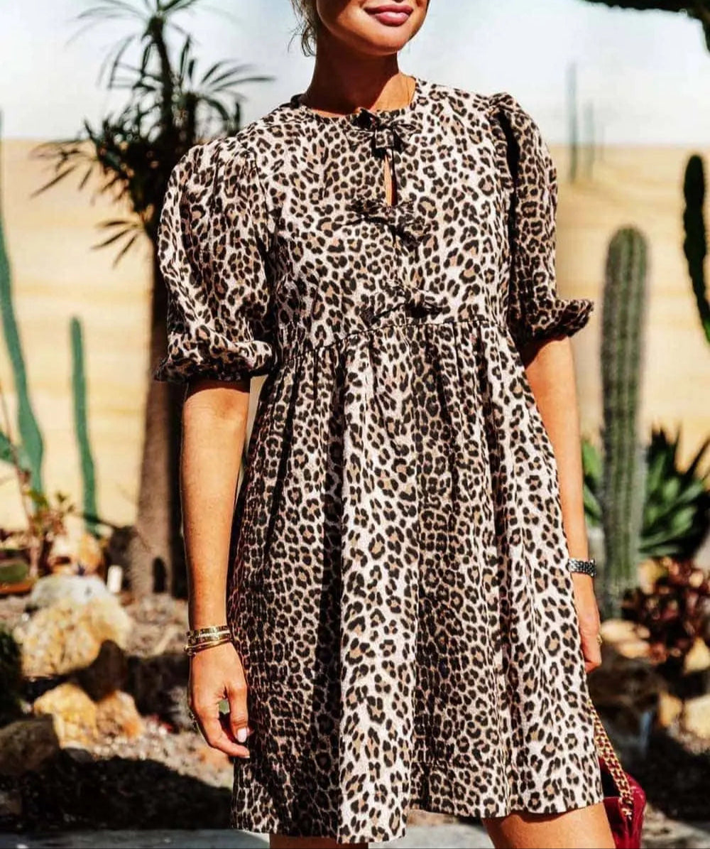 Women's Brown Leopard Print Short Puff Sleeve Dress - Versatile Comfort