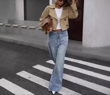 Women's Khaki Crop Trench Coat - Elegant Belt Style