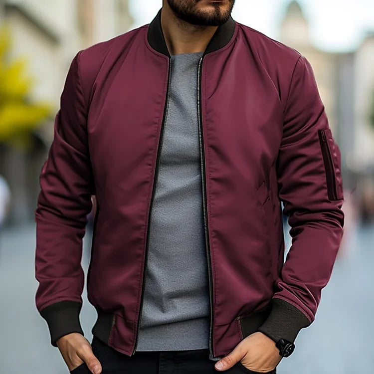 Men's Bomber Jacket - Ribbed Trim and Zippered Sleeve Pocket