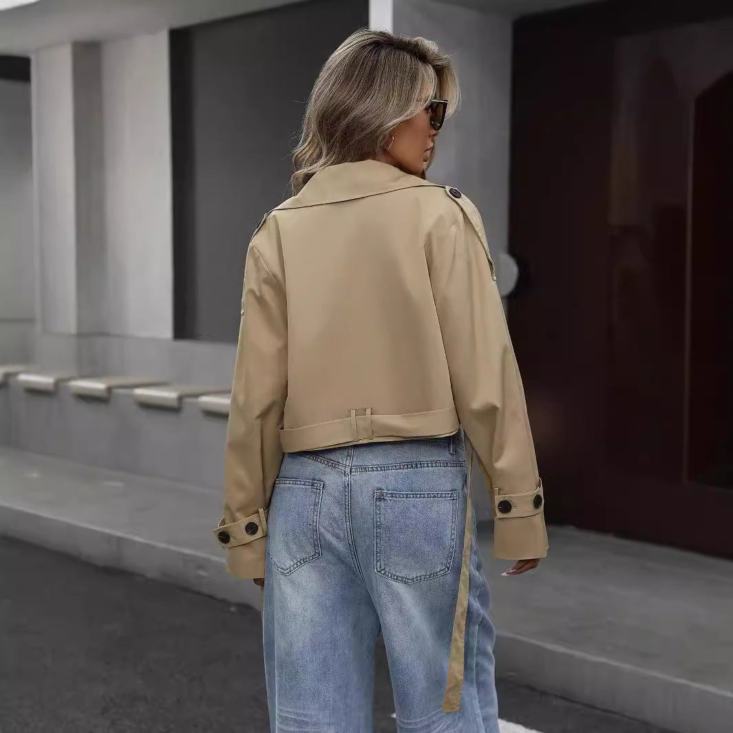 Women's Khaki Crop Trench Coat - Elegant Belt Style