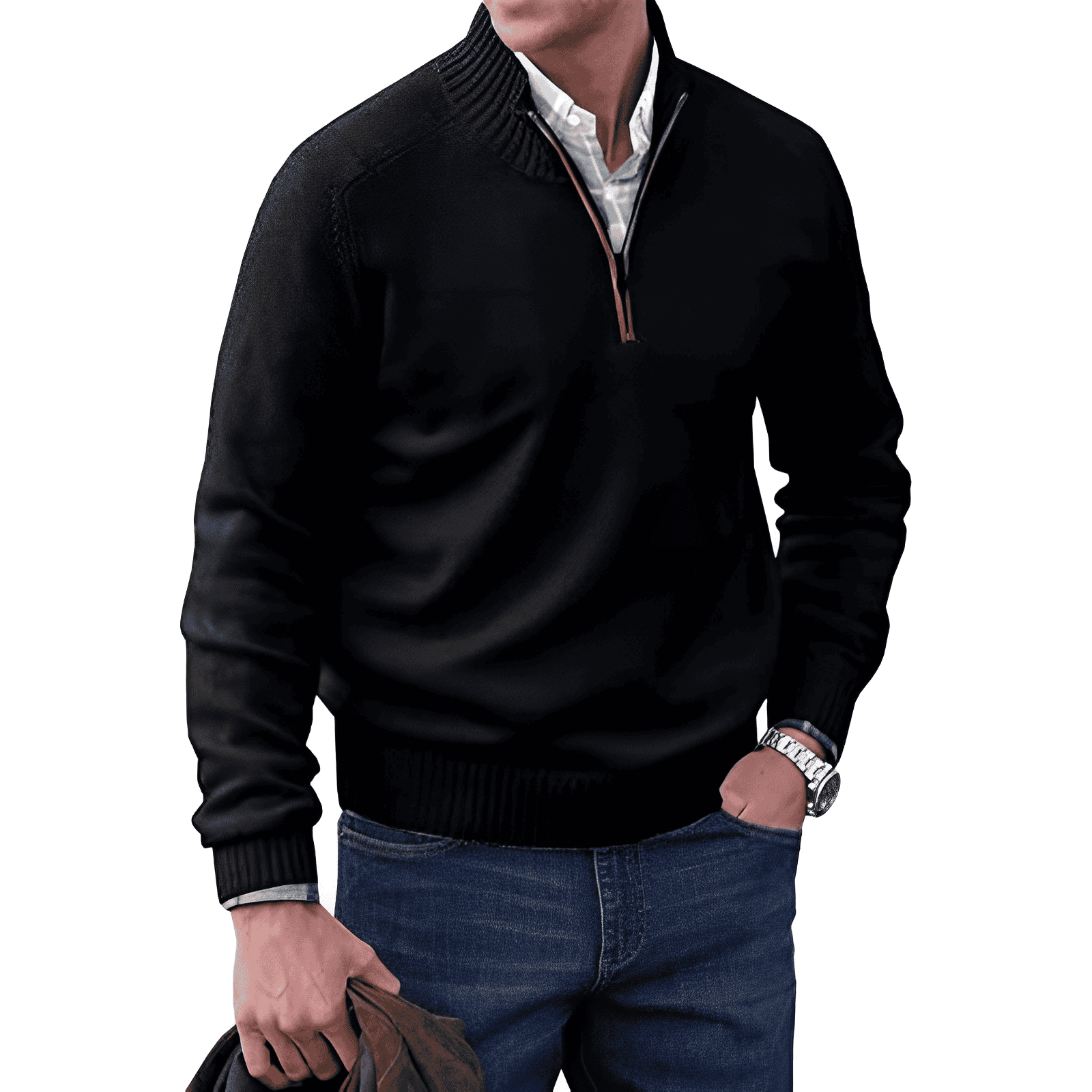 Men's Jumper - Quarter-Zip with Ribbed Cuffs