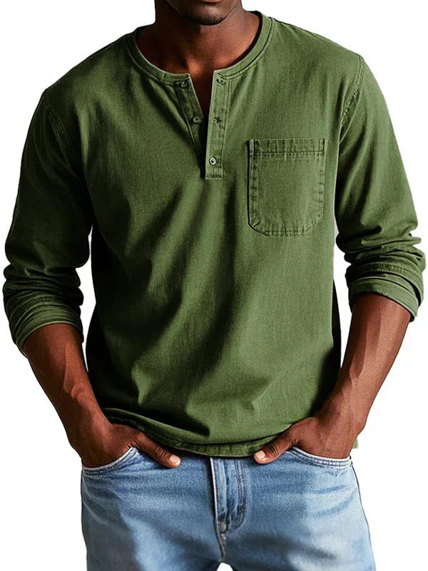 Men's Long Sleeve Shirt - Henley Neck and Chest Pocket