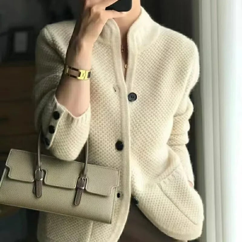Women's Cosy Knitted Cardigan - Mock-Neck Detail