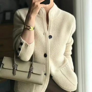 Women's Cosy Knitted Cardigan - Mock-Neck Detail