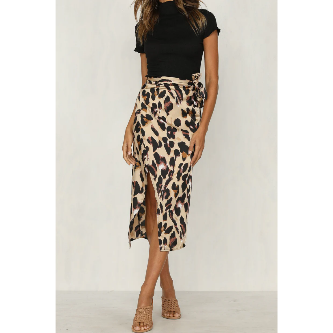 Women's Leopard Print Midi Skirt - Side Slit Trendy