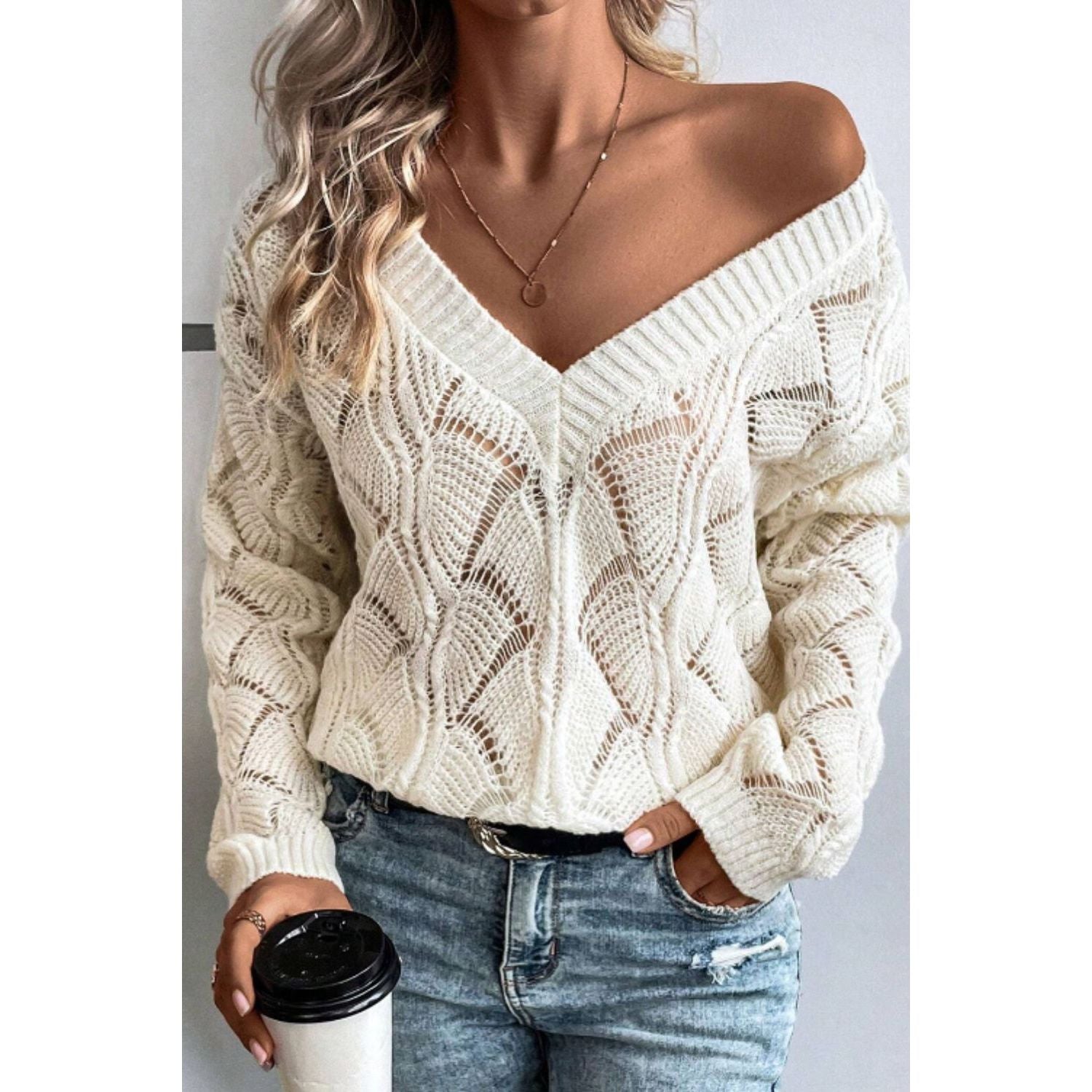 Fiona - Chic Openwork V-Neck Sweater for Women