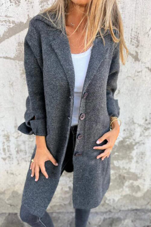 Crystalle - Solid Color Lapel Pocket Single Breasted Midi Coat for Women