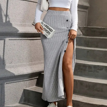 Women's Ribbed Maxi Skirt - Stylish Slit Detail