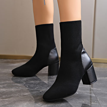 Women's Black Ankle Boots - Knitted with Chunky Heel