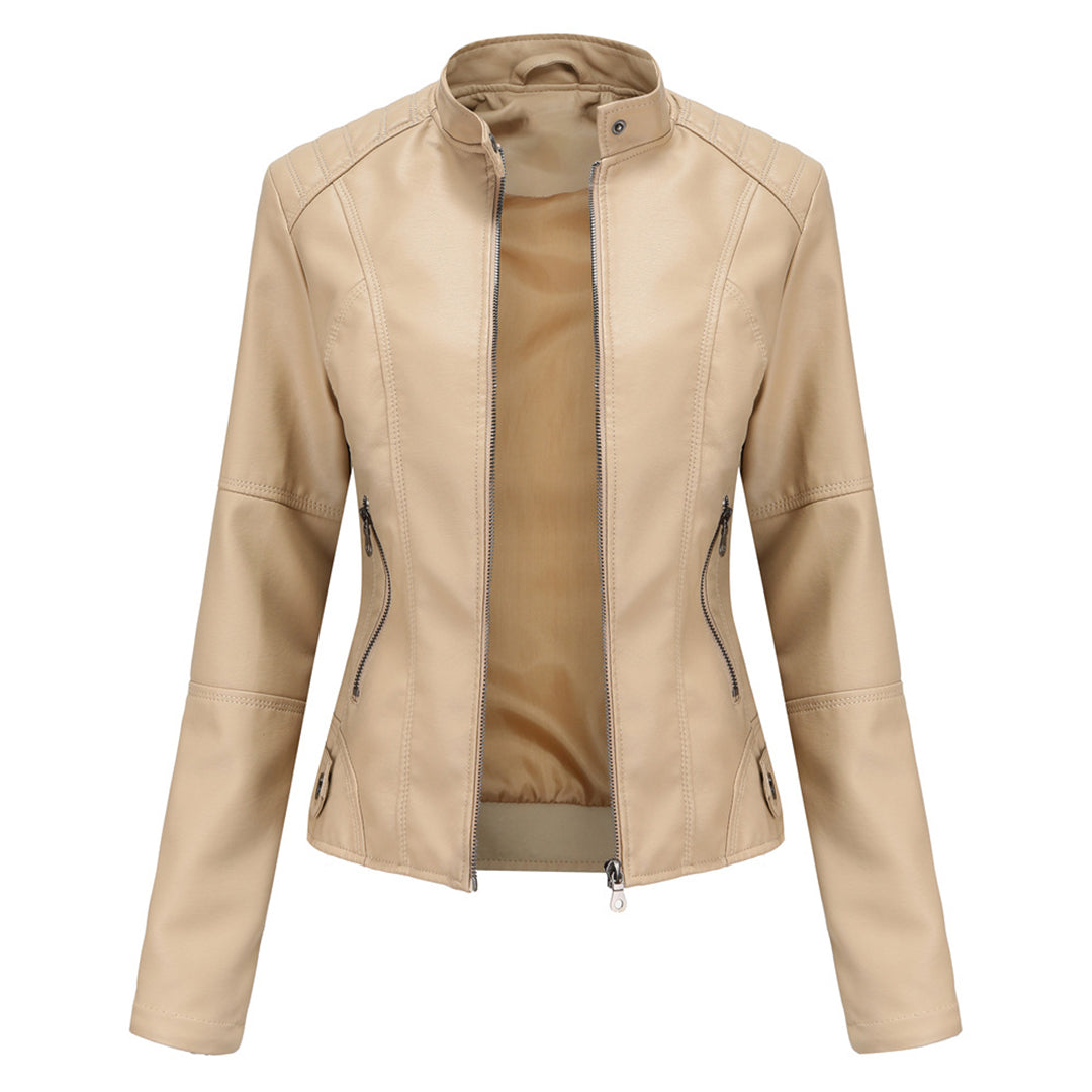 Women's Biker Jacket - Front Zipper with Quilted Detail